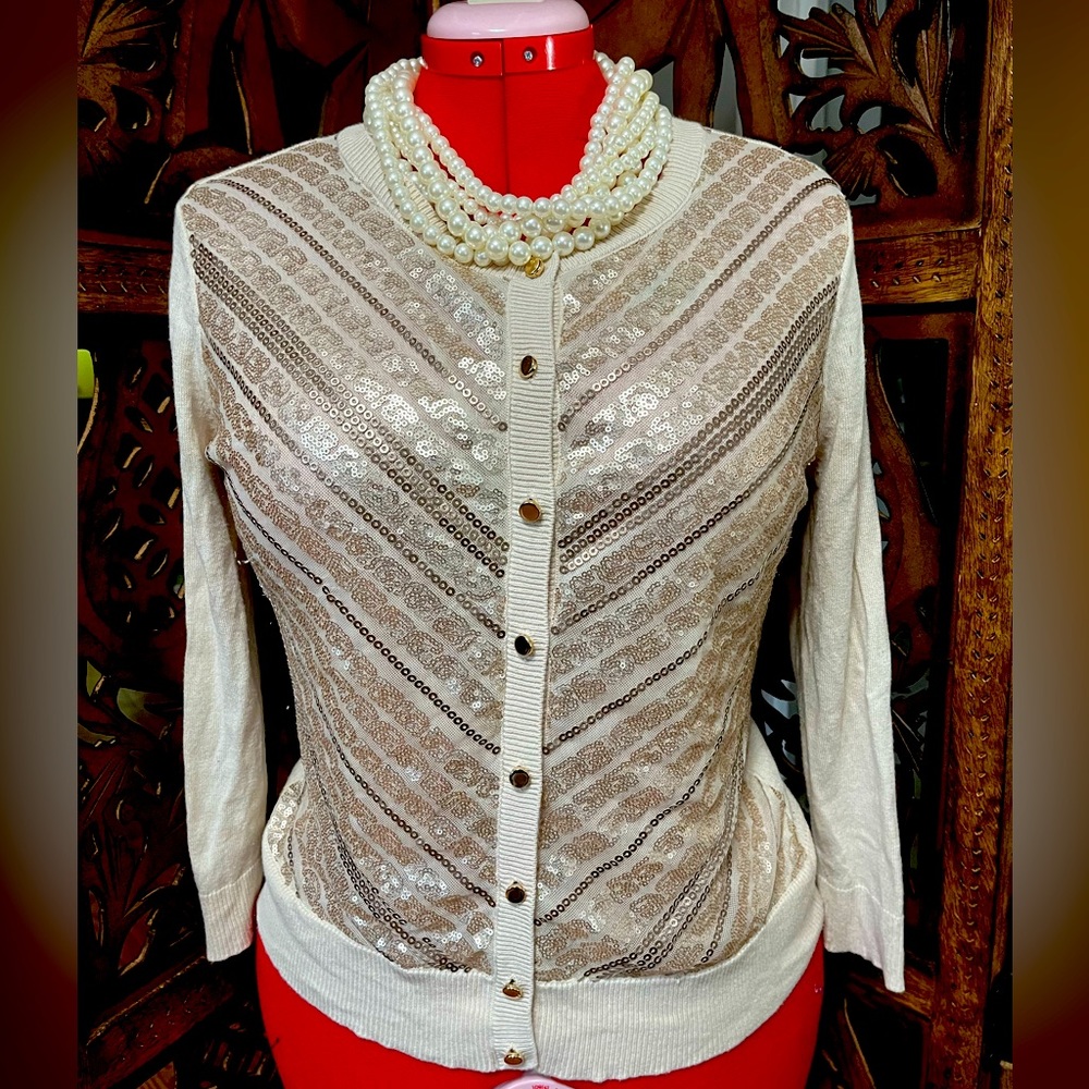 Jones New York cream and gold sequins cardigan